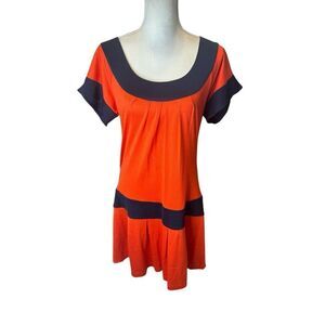 DIANE VON FURTENBERG "Coso" Orange Navy 100% Silk Pleated Dress Size 12 NWT